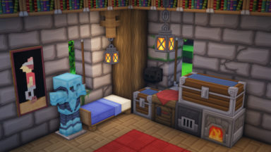 Casa de piedra por dentro con cofres, hornos, soporte de armaduras y librerías