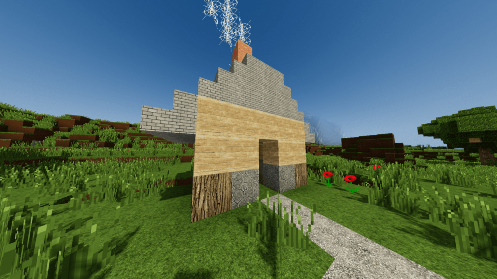 Casa de madera y piedra en bioma de pradera