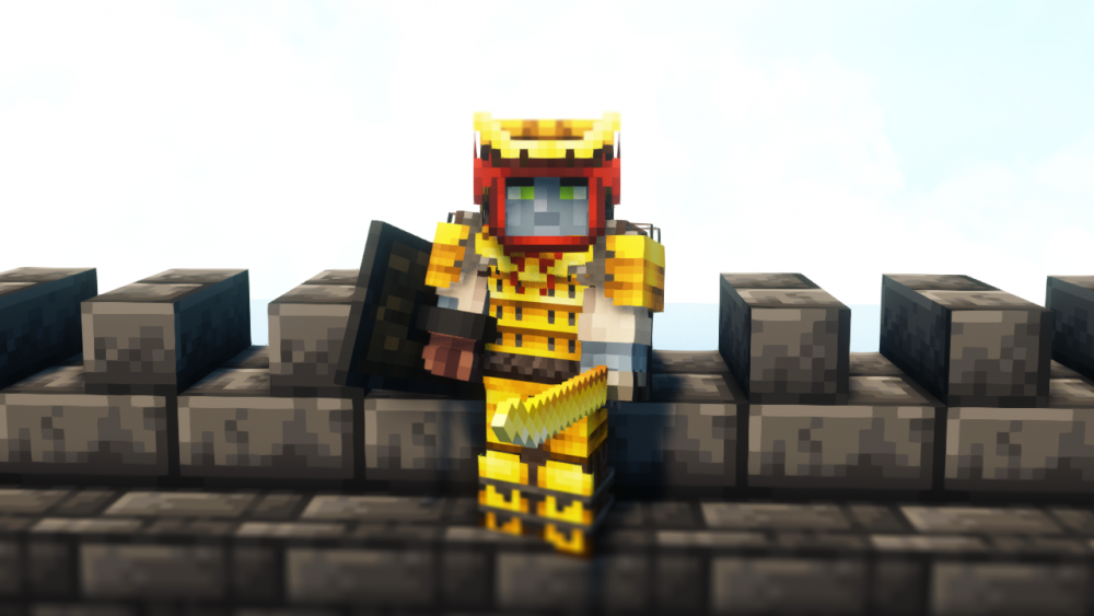 Personaje con armadura de oro sosteniendo escudo y katana de oro
