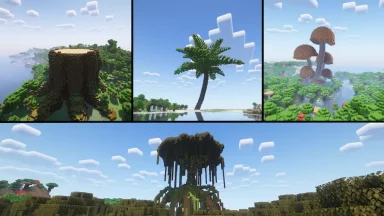 Volcán, palmera, hongos y árbol gigante