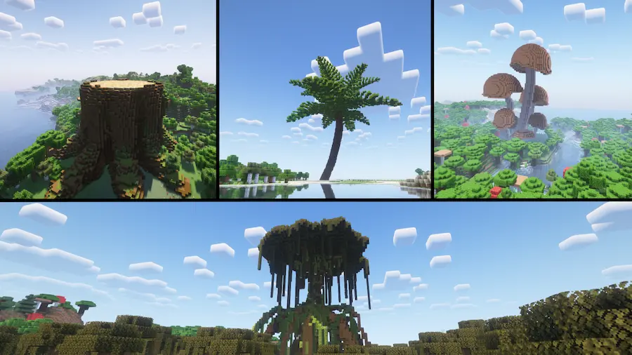 Volcán, palmera, hongos y árbol gigante
