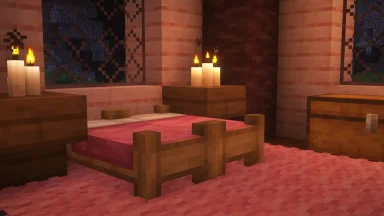 Cama rosa en una habitación hecha con madera de cerezo