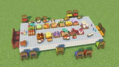 mesa grande con sillas y alimentos